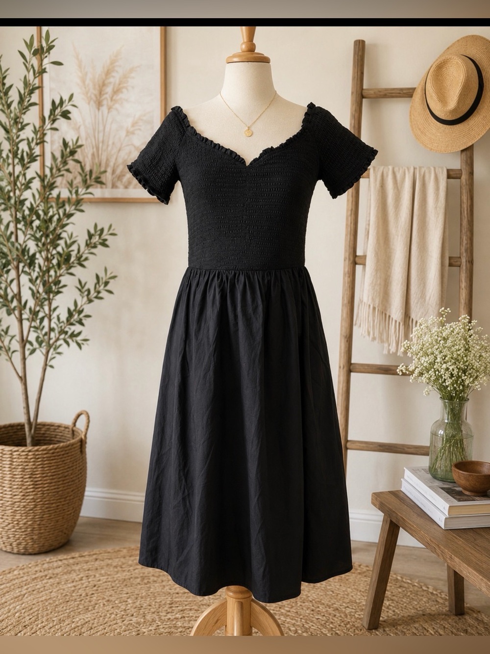 H&M Black V-Neck Maxi smocked off shoulder black Sundress size m